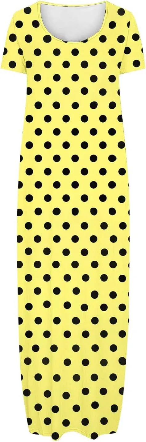 Summer Dresses for Women 2025 Trendy Boho Polkadot Print Cap Sleeve Round-Neck Plus Size Maxi Dress Beach Sundress