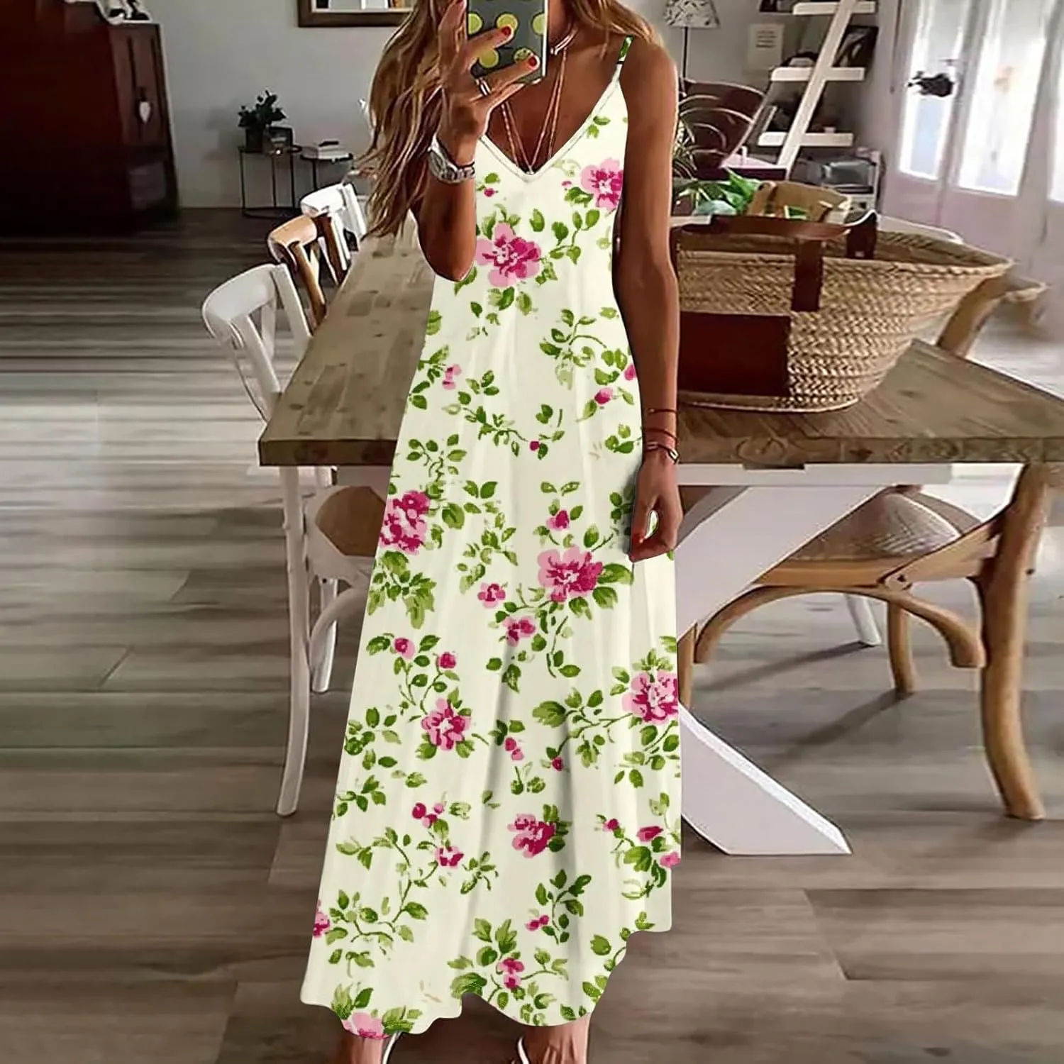Summer Dresses for Women 2025 Vacation Casual V Neck Maxi Dress Trendy A-Line Flowy Beach Spaghetti Strap Sundress