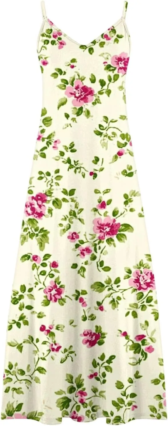 Summer Dresses for Women 2025 Vacation Casual V Neck Maxi Dress Trendy A-Line Flowy Beach Spaghetti Strap Sundress