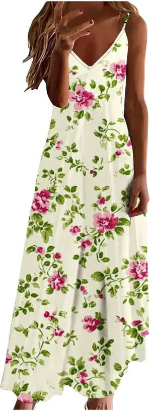 Summer Dresses for Women 2025 Vacation Casual V Neck Maxi Dress Trendy A-Line Flowy Beach Spaghetti Strap Sundress