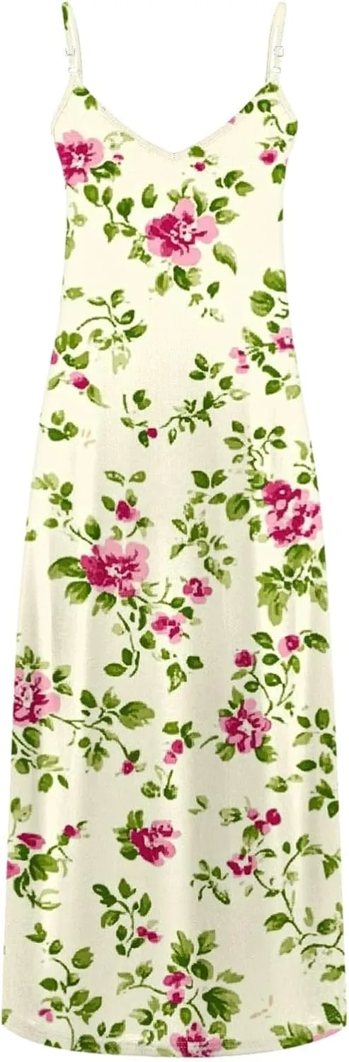 Summer Dresses for Women 2025 Vacation Casual V Neck Maxi Dress Trendy A-Line Flowy Beach Spaghetti Strap Sundress