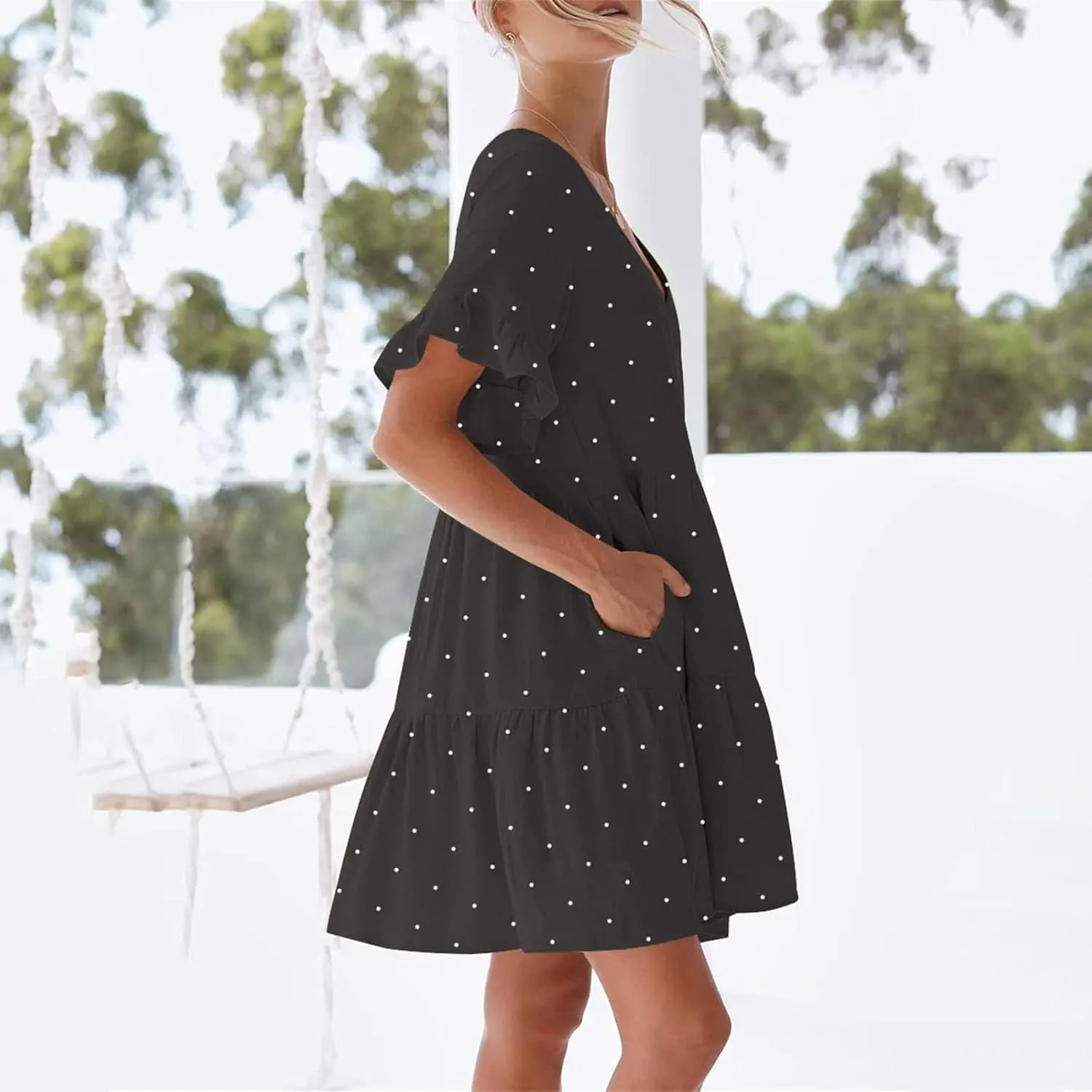 Summer Dresses for Women Loose Fit Tunic Dress with Pockets Casual V-Neck Mini Dress Short Sleeve Ruffle Prom Dress