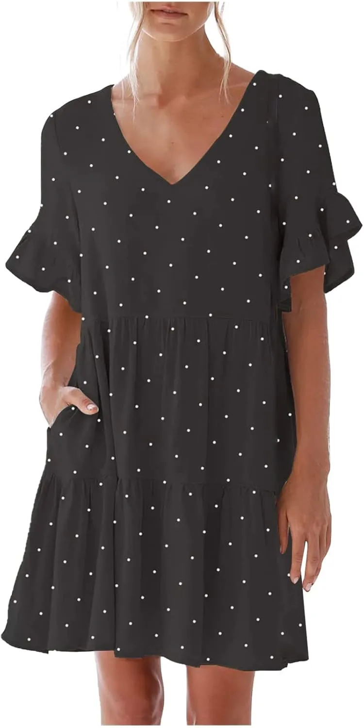 Summer Dresses for Women Loose Fit Tunic Dress with Pockets Casual V-Neck Mini Dress Short Sleeve Ruffle Prom Dress