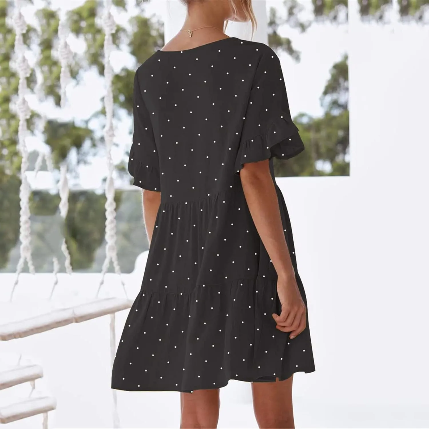 Summer Dresses for Women Loose Fit Tunic Dress with Pockets Casual V-Neck Mini Dress Short Sleeve Ruffle Prom Dress