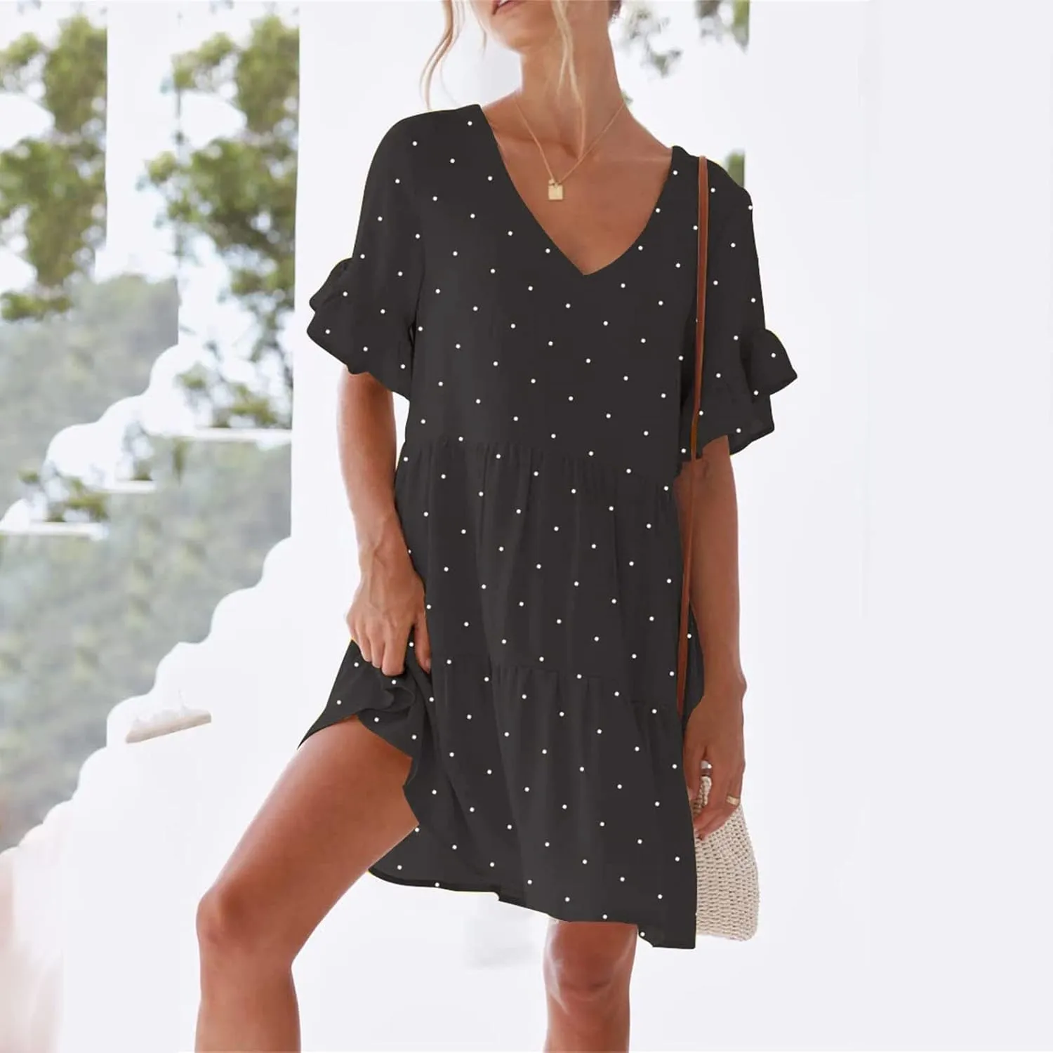 Summer Dresses for Women Loose Fit Tunic Dress with Pockets Casual V-Neck Mini Dress Short Sleeve Ruffle Prom Dress