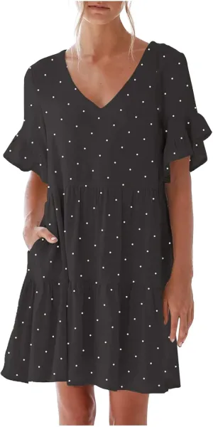 Summer Dresses for Women Loose Fit Tunic Dress with Pockets Casual V-Neck Mini Dress Short Sleeve Ruffle Prom Dress