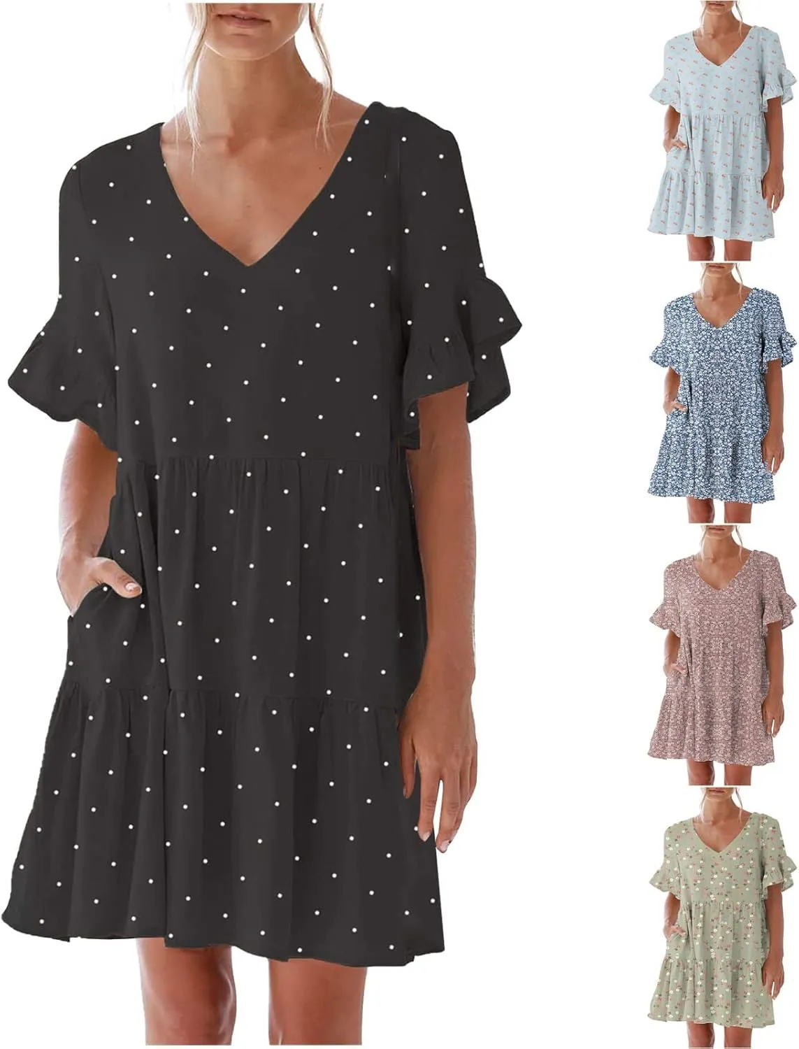 Summer Dresses for Women Loose Fit Tunic Dress with Pockets Casual V-Neck Mini Dress Short Sleeve Ruffle Prom Dress