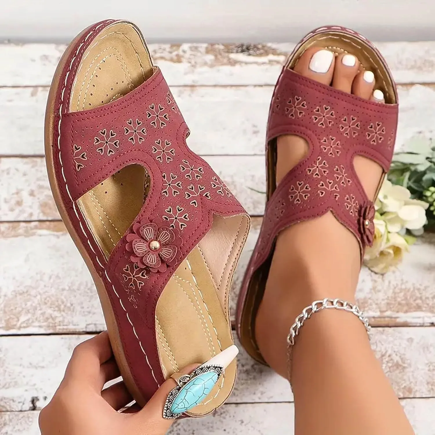 Summer Flower Sewing Solid Color Shallow Mouth Round Head Casual Fashion Women's Shoes Slide Sandals Women