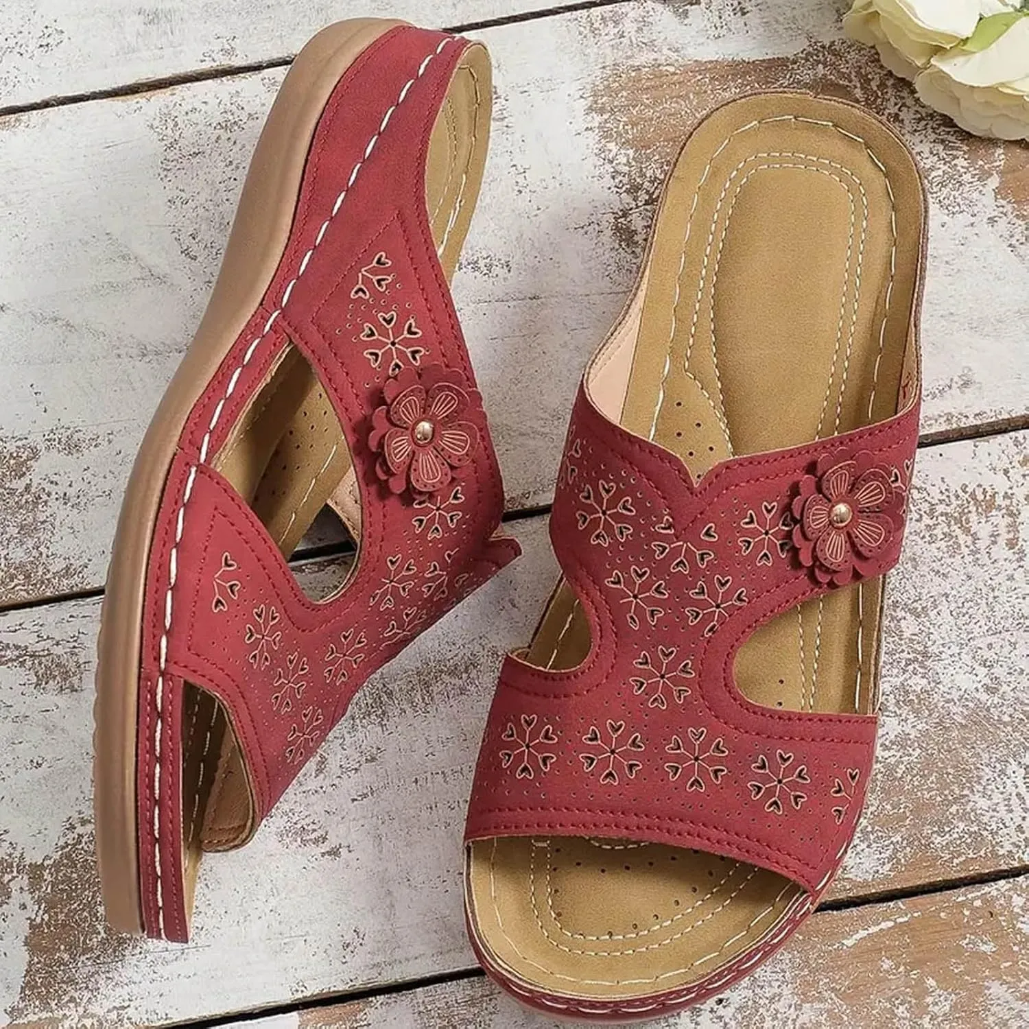 Summer Flower Sewing Solid Color Shallow Mouth Round Head Casual Fashion Women's Shoes Slide Sandals Women