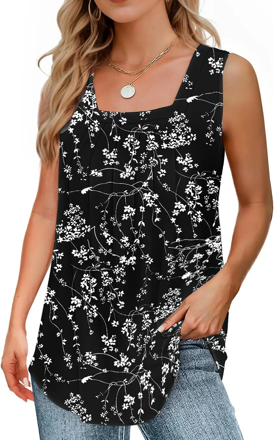 Summer Tank Tops for Women Loose Fit Pleated Square Neck Sleeveless Tops Flowy Blouse Short Sleeve Tops Basic Shirts