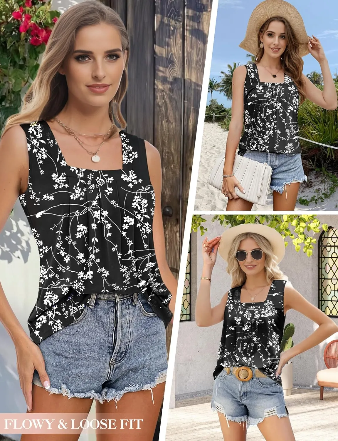 Summer Tank Tops for Women Loose Fit Pleated Square Neck Sleeveless Tops Flowy Blouse Short Sleeve Tops Basic Shirts
