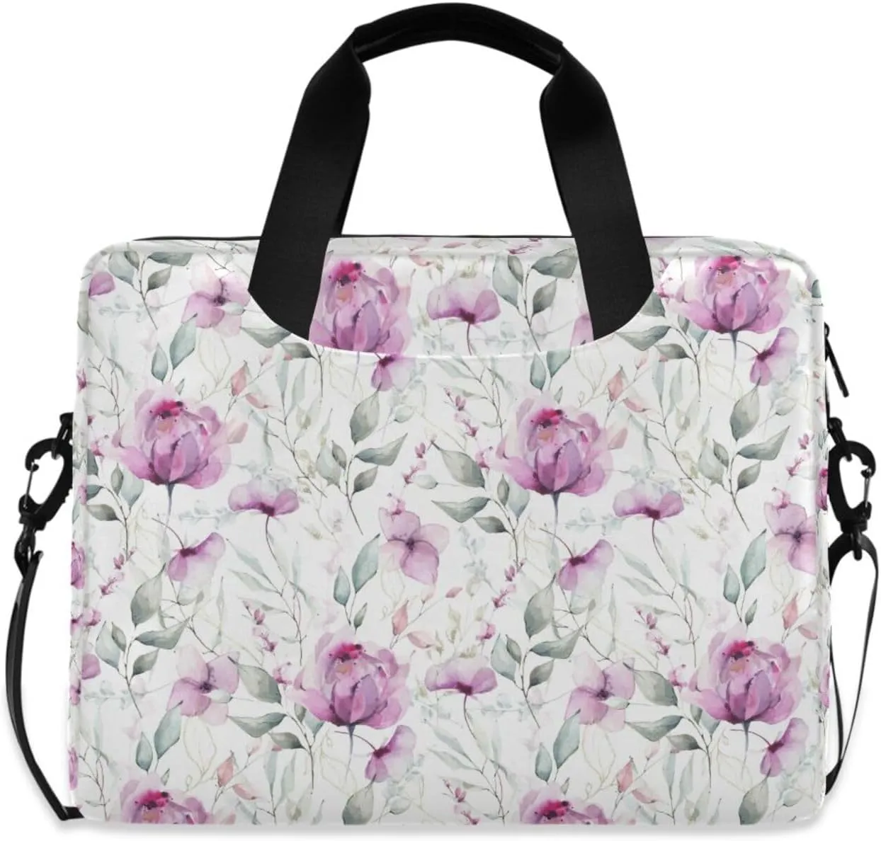 susiyo Pink Purple Flowers Leaves Laptop Bag 15.6 Inch Laptop Bag with Shoulder Strap Briefcase for Work College Back to School