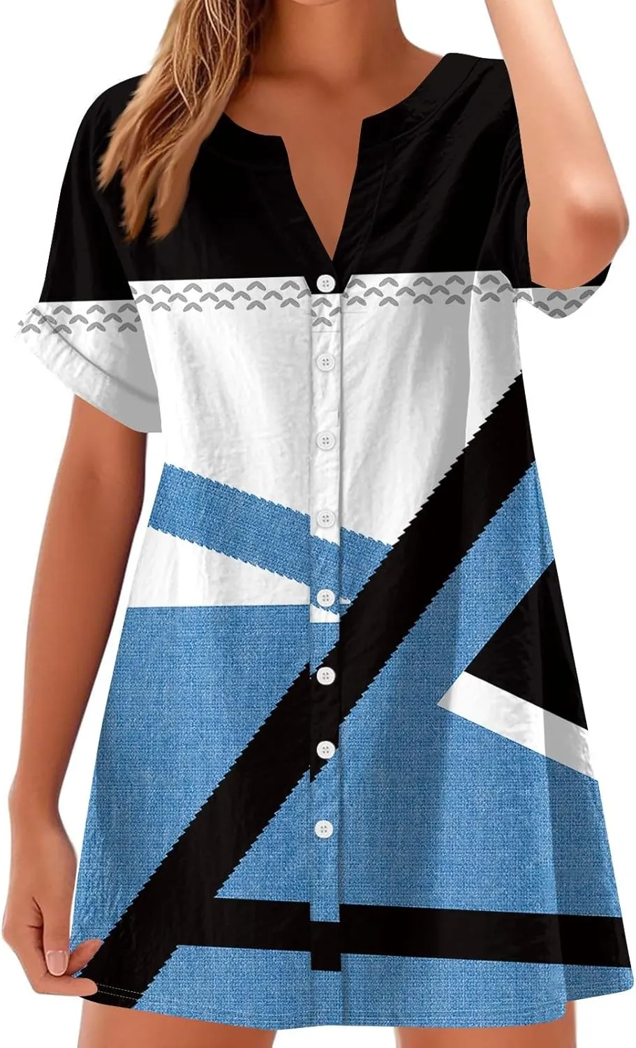 T Shirt Dress for Women Short Sleeve Button Down Pullover V Neck Floral Printed Shirt Summer Beach Vacation Mini Sundresses