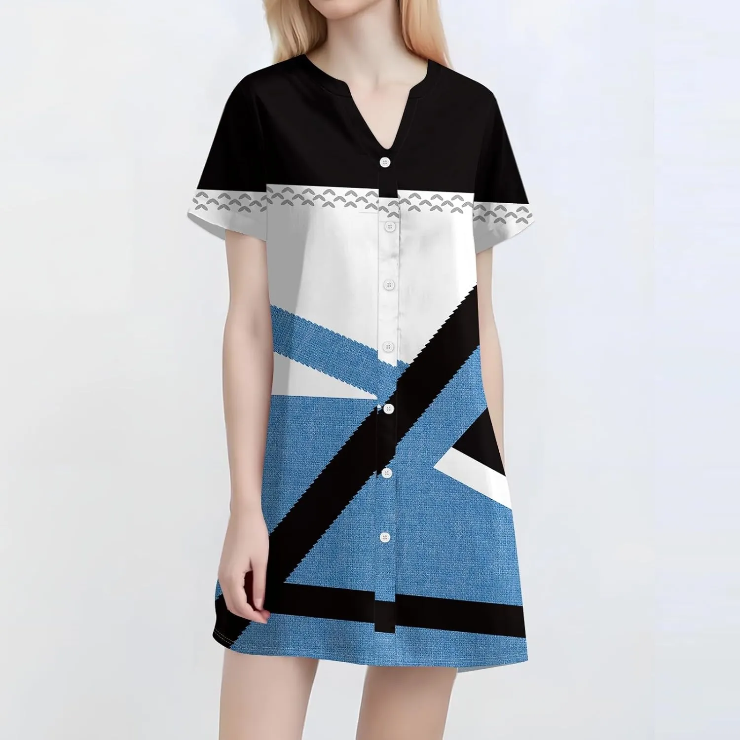 T Shirt Dress for Women Short Sleeve Button Down Pullover V Neck Floral Printed Shirt Summer Beach Vacation Mini Sundresses