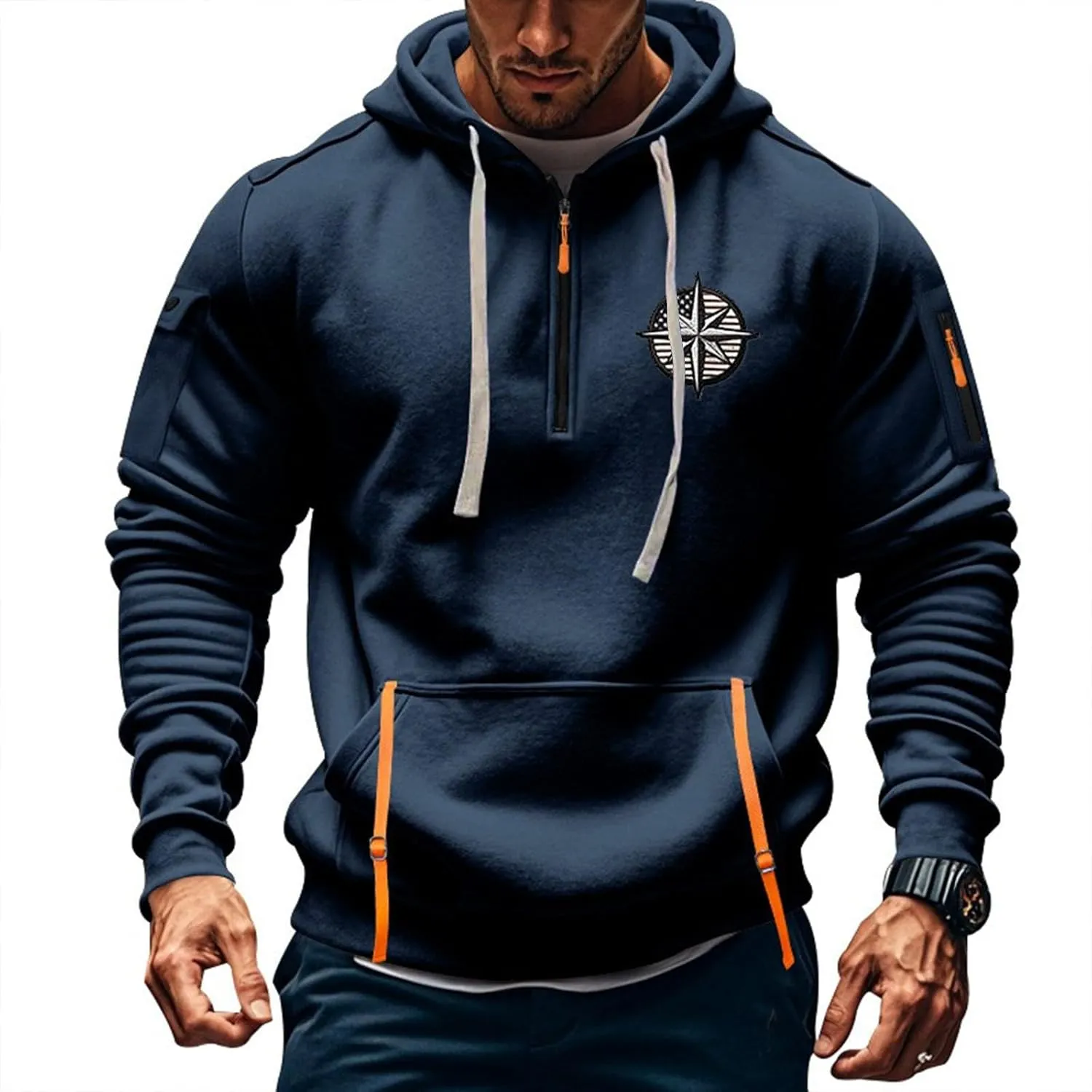 Tactical Hoodies for Men Quarter Zip Pullover Vintage Solid/Graphic Long Sleeve Workout Hoodie Sweatshirt With Pockets