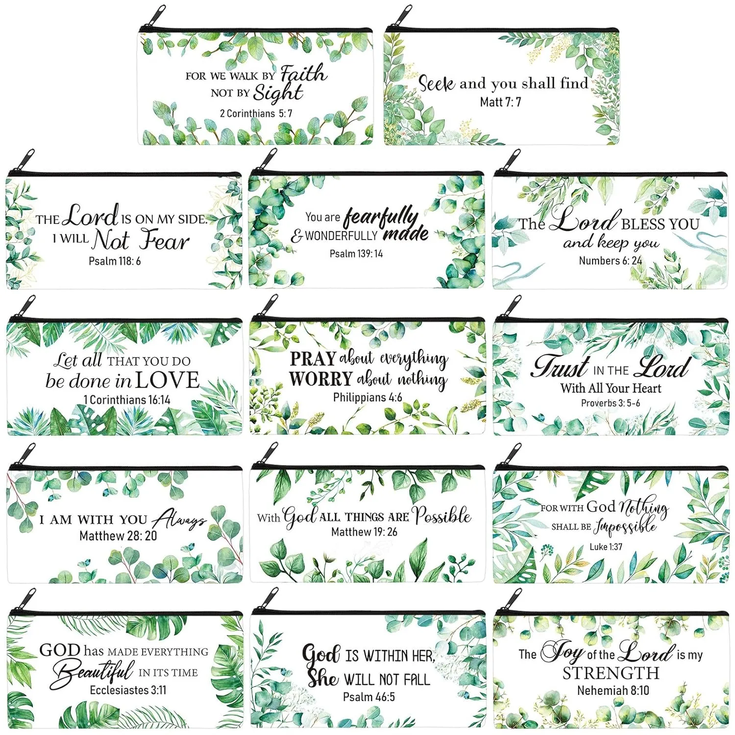 Talltalk 14 Pcs Christian Cosmetic Bags Bulk Christian Gift for Women Makeup Bags Inspirational Bible Verse Pencil Pouch for Graduation Mother's Day Travel Motivational Religious Favors(Leaves)