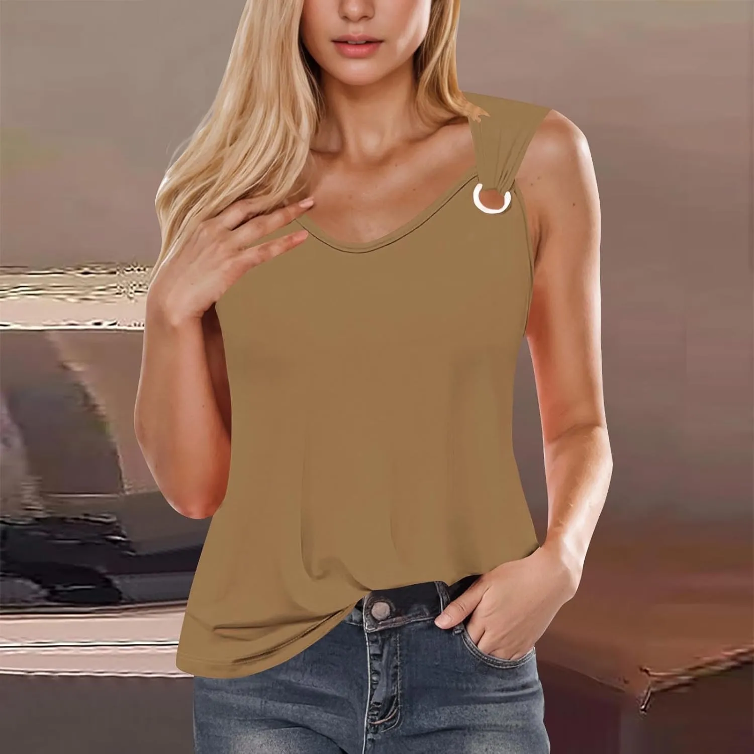 Tank Top for Women 2025 Dressy Casual Summer V Neck Sleeveless Camisole Ring Straps Loose Fit Workout Basic Shirts
