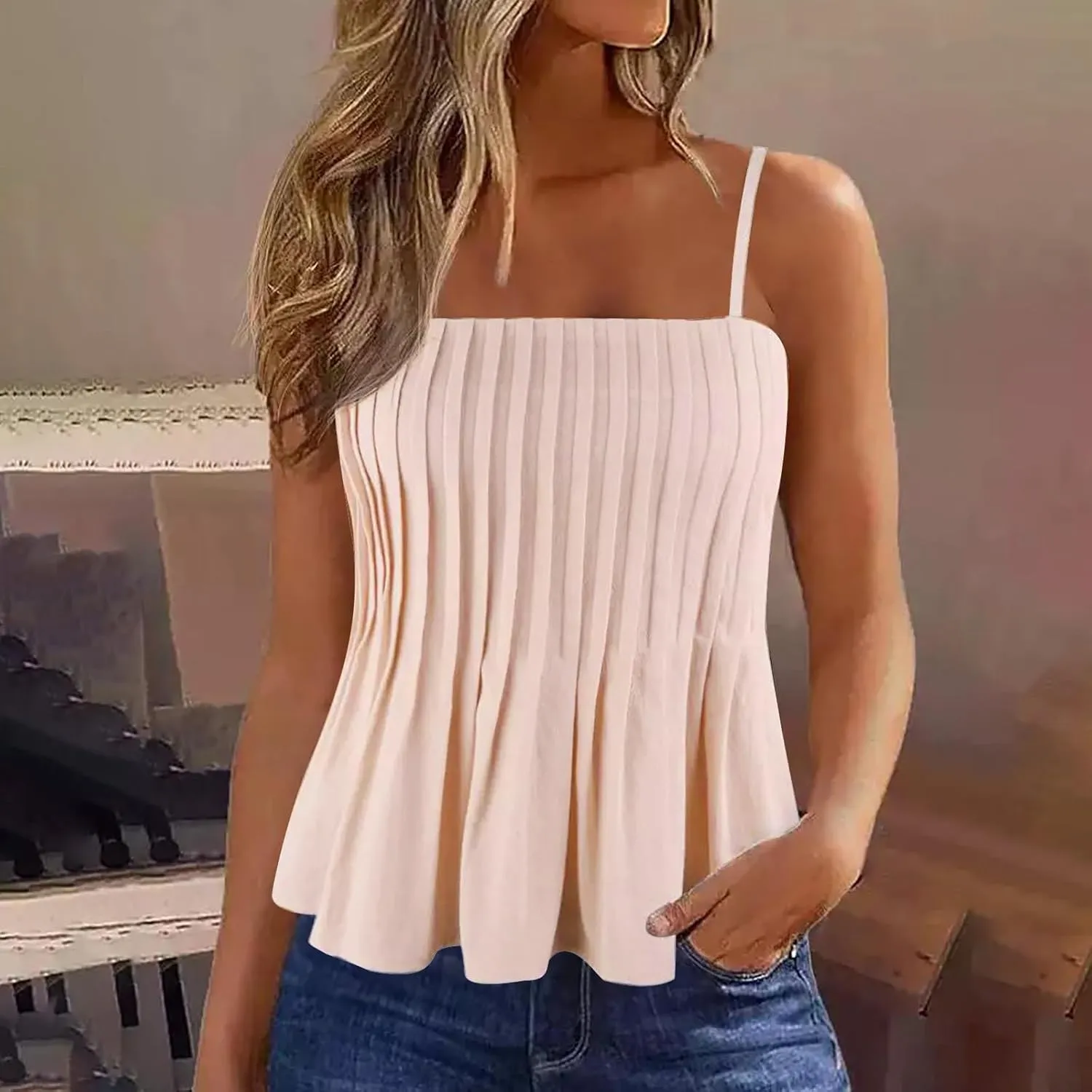 Tank Tops for Women Pleated Spaghetti Strap Camisole Loose Fit Casual Sleeveless Flowy Crop Tops Sexy Y2K Outfit 2025