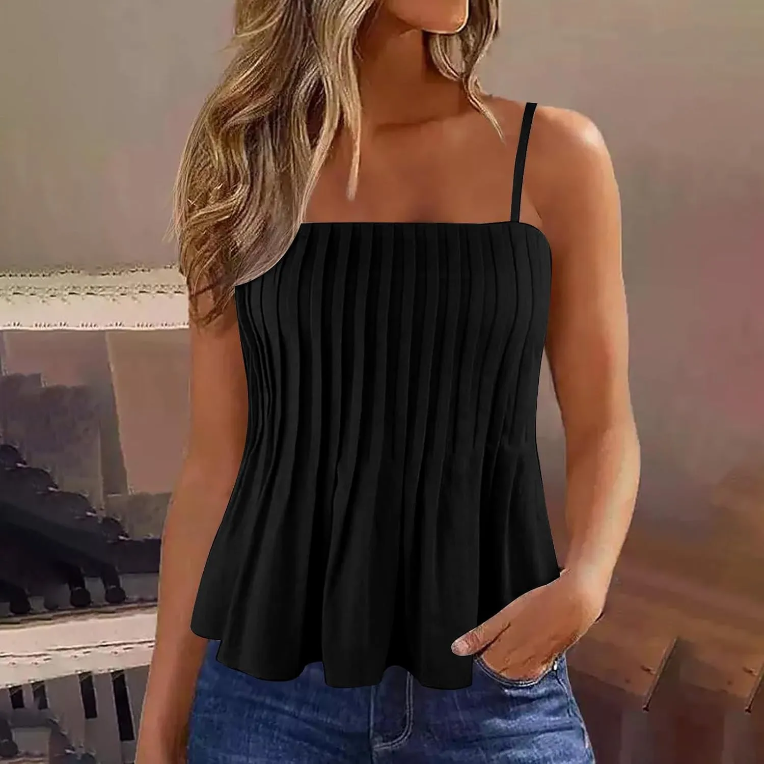 Tank Tops for Women Pleated Spaghetti Strap Camisole Loose Fit Casual Sleeveless Flowy Crop Tops Sexy Y2K Outfit 2025