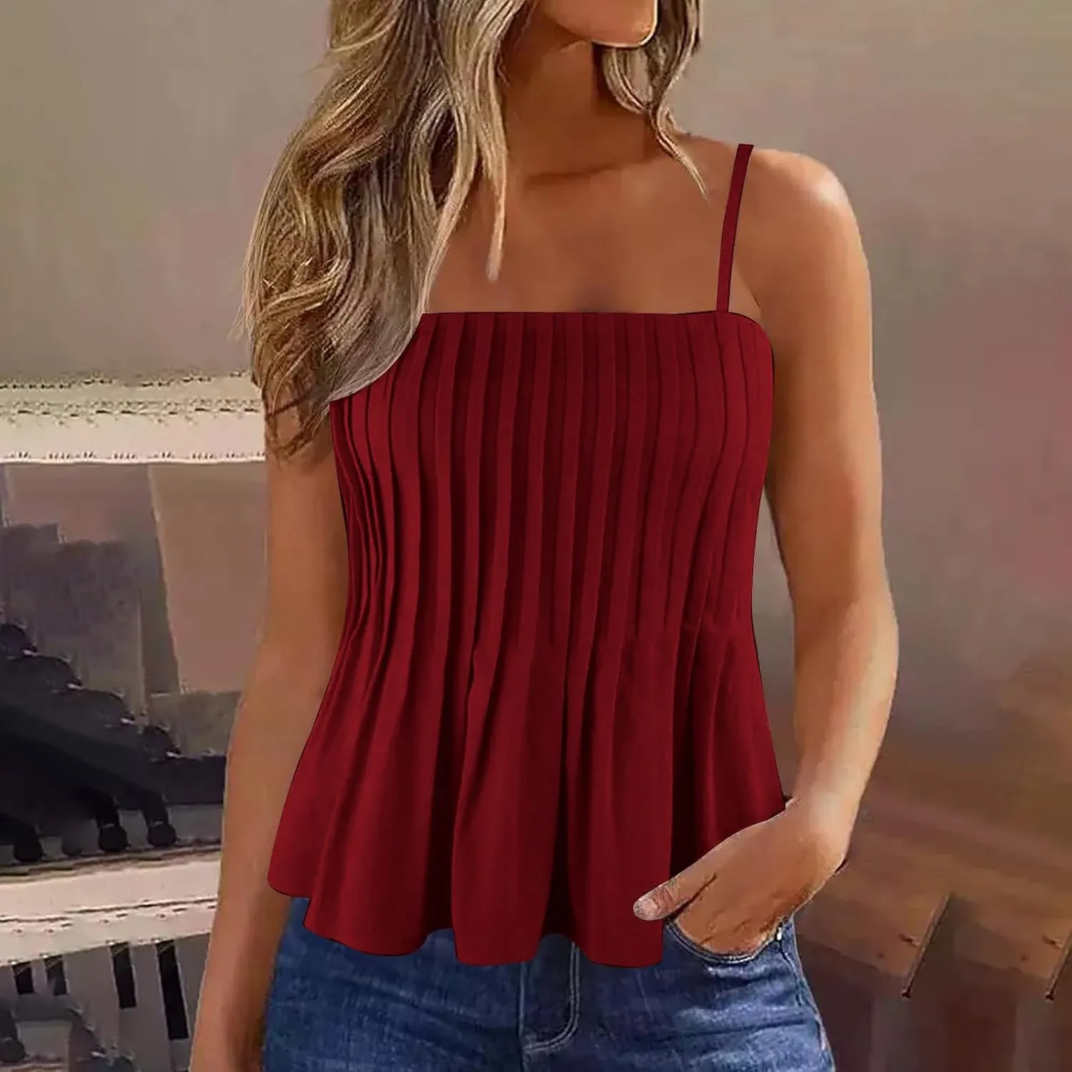 Tank Tops for Women Pleated Spaghetti Strap Camisole Loose Fit Casual Sleeveless Flowy Crop Tops Sexy Y2K Outfit 2025