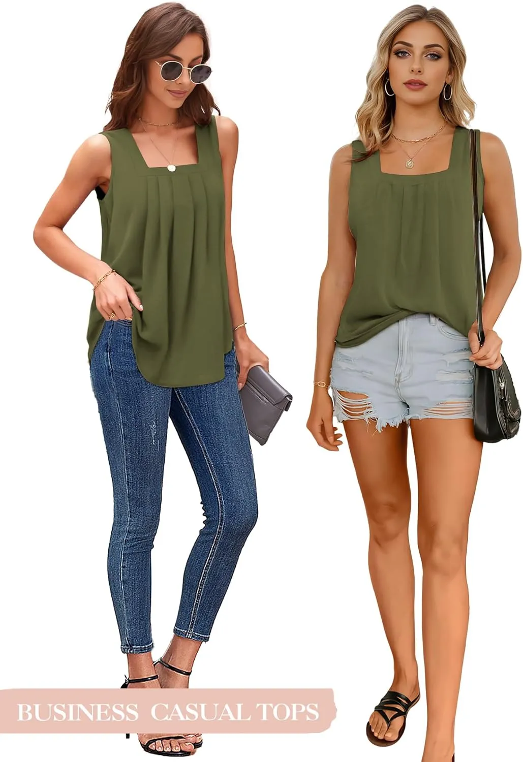 Tank Tops for Women Summer, Loose Fit Pleated Square Neck Sleeveless Tops Flowy Blouse Going Out Tops Basic Shirts