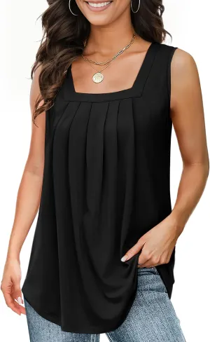 Tank Tops for Women Summer, Loose Fit Pleated Square Neck Sleeveless Tops Flowy Blouse Going Out Tops Basic Shirts