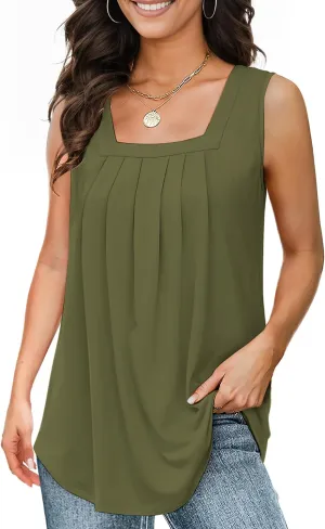 Tank Tops for Women Summer, Loose Fit Pleated Square Neck Sleeveless Tops Flowy Blouse Going Out Tops Basic Shirts