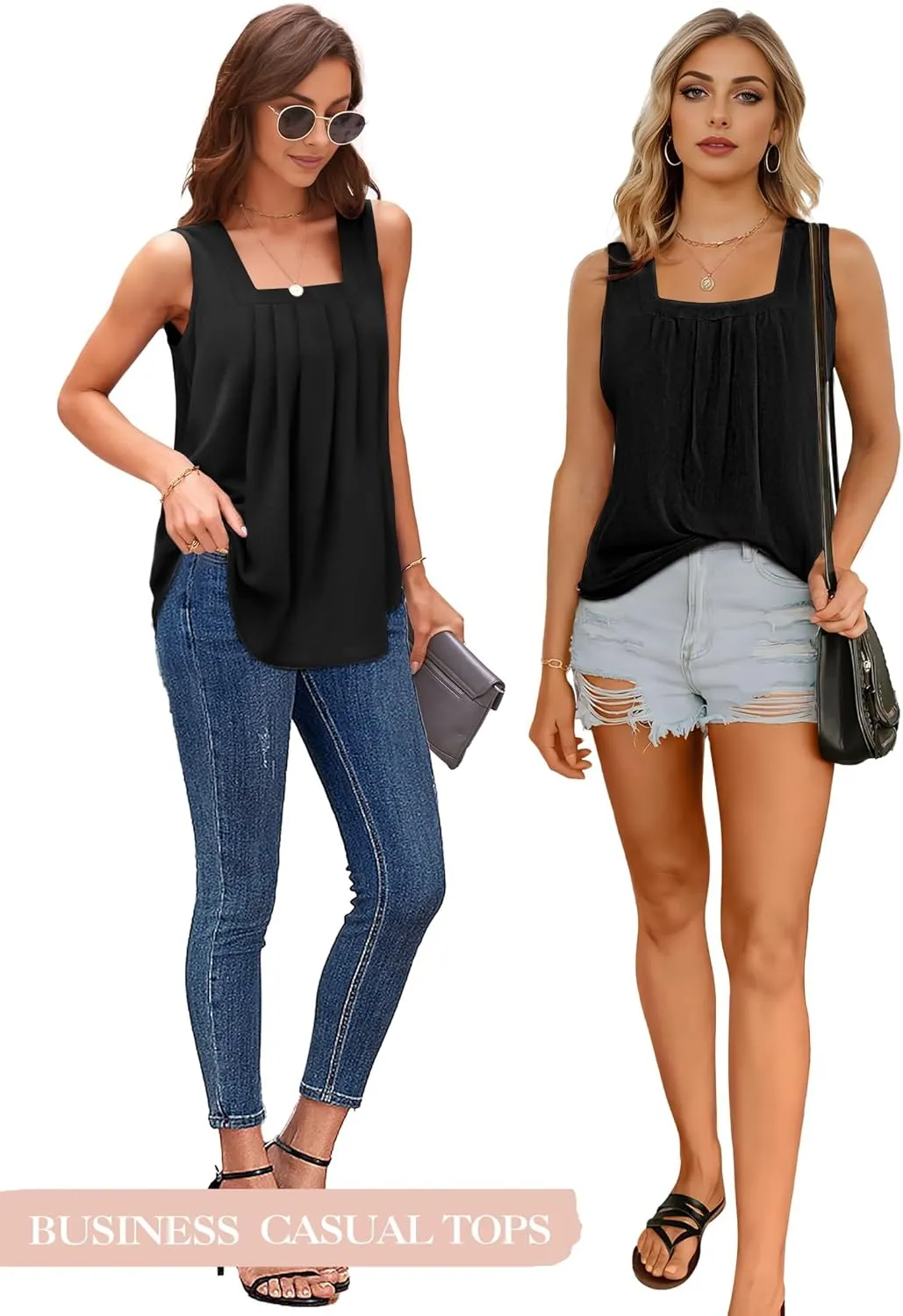 Tank Tops for Women Summer, Loose Fit Pleated Square Neck Sleeveless Tops Flowy Blouse Going Out Tops Basic Shirts