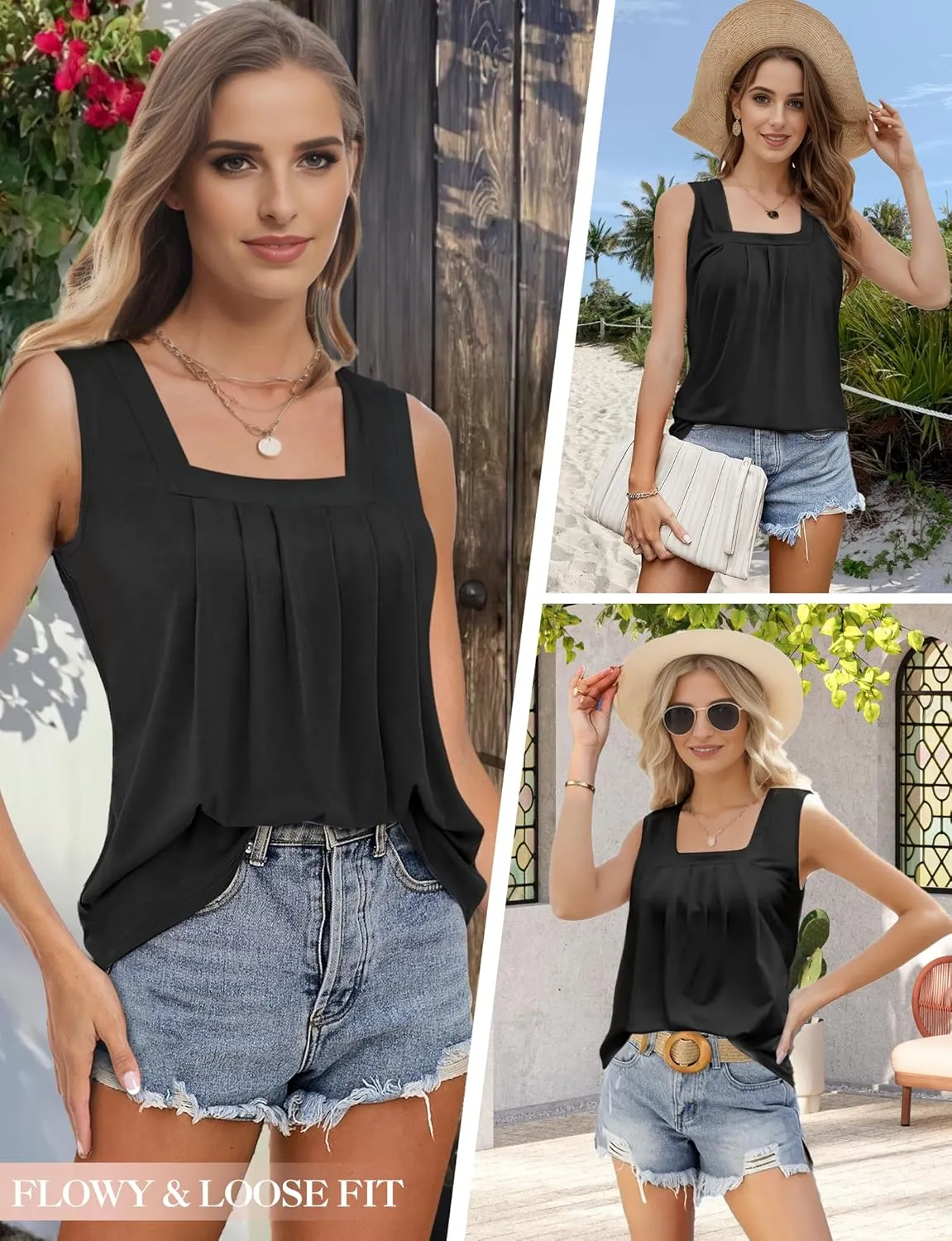 Tank Tops for Women Summer, Loose Fit Pleated Square Neck Sleeveless Tops Flowy Blouse Going Out Tops Basic Shirts
