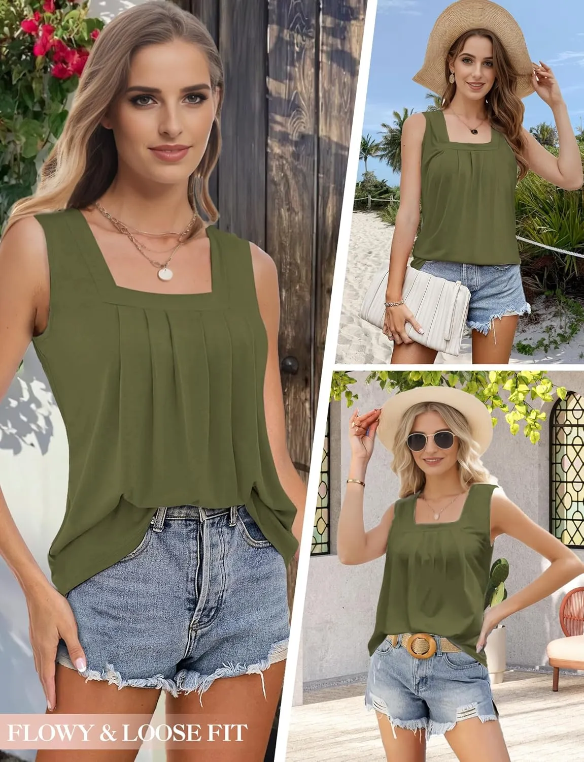 Tank Tops for Women Summer, Loose Fit Pleated Square Neck Sleeveless Tops Flowy Blouse Going Out Tops Basic Shirts