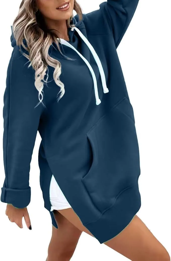 The Warmy Oversized Hoodie,Casual Oversized Hoodie Dress For Women Pullover Long Sweatshirt Split Hem With Pockets
