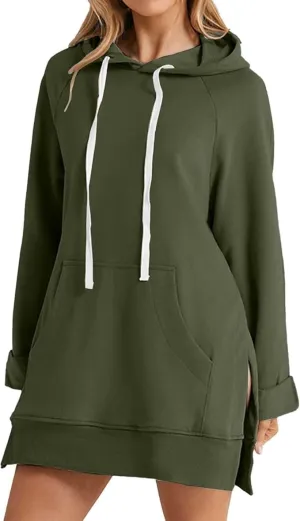 The Warmy Oversized Hoodie,Casual Oversized Hoodie Dress For Women Pullover Long Sweatshirt Split Hem With Pockets