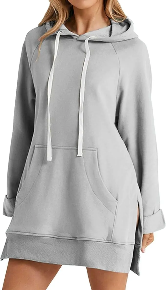The Warmy Oversized Hoodie,Casual Oversized Hoodie Dress For Women Pullover Long Sweatshirt Split Hem With Pockets