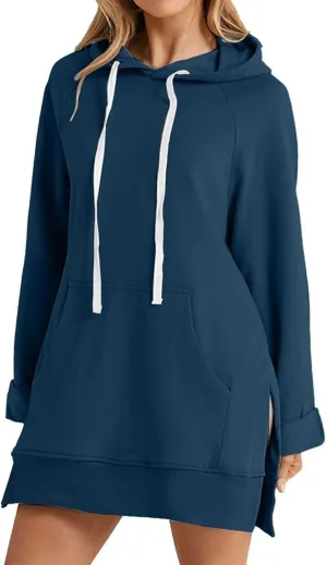 The Warmy Oversized Hoodie,Casual Oversized Hoodie Dress For Women Pullover Long Sweatshirt Split Hem With Pockets