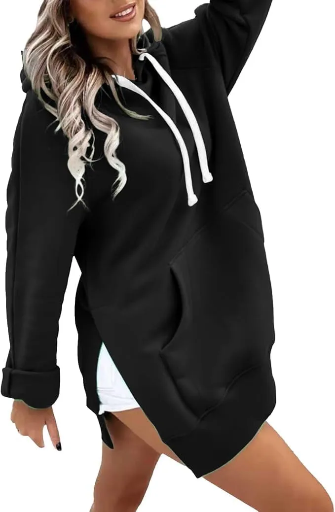 The Warmy Oversized Hoodie,Casual Oversized Hoodie Dress For Women Pullover Long Sweatshirt Split Hem With Pockets