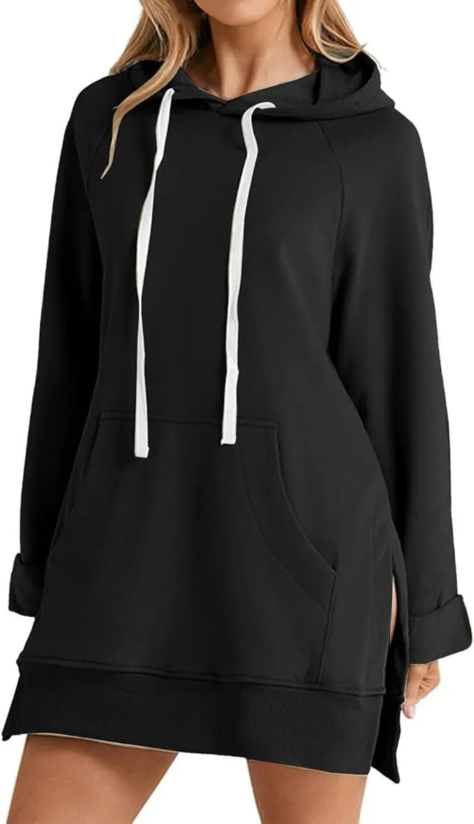 The Warmy Oversized Hoodie,Casual Oversized Hoodie Dress For Women Pullover Long Sweatshirt Split Hem With Pockets