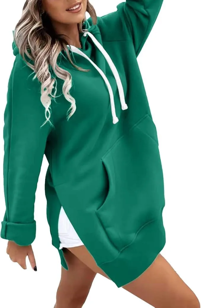 The Warmy Oversized Hoodie,Casual Oversized Hoodie Dress For Women Pullover Long Sweatshirt Split Hem With Pockets