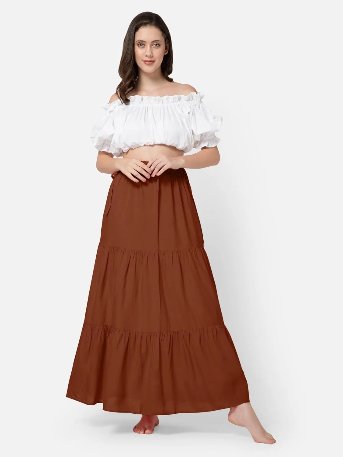 ThePirateDressing Womens Pirate Renaissance Peasant Medieval Boho Elastic Waist A-Line Tiered Long Skirt with Pockets