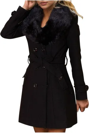 Trench Coat for Women 2024 Detachable Fur Collar Coat Double Breasted Pea Coat Long Trendy Winter Coat Fashion Outfits