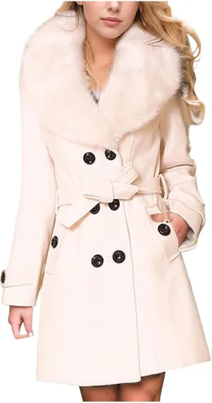 Trench Coat for Women 2024 Detachable Fur Collar Coat Double Breasted Pea Coat Long Trendy Winter Coat Fashion Outfits