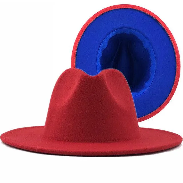 Trend Tan With Red Bottom Patchwork Plain Wool Felt Jazz Fedora Hats Men Women Wide Brim Panama Trilby Cowboy Cap For Party