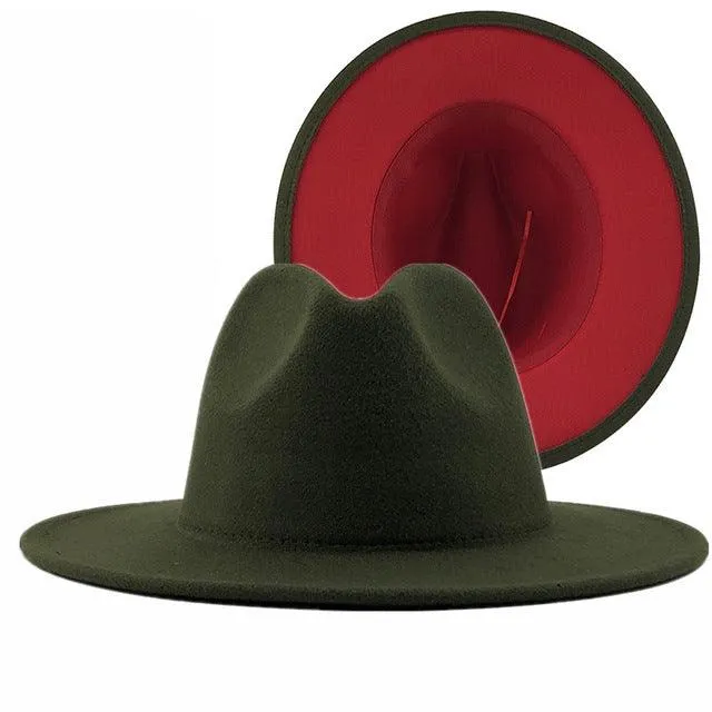 Trend Tan With Red Bottom Patchwork Plain Wool Felt Jazz Fedora Hats Men Women Wide Brim Panama Trilby Cowboy Cap For Party
