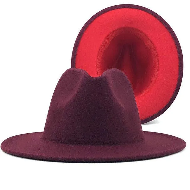 Trend Tan With Red Bottom Patchwork Plain Wool Felt Jazz Fedora Hats Men Women Wide Brim Panama Trilby Cowboy Cap For Party