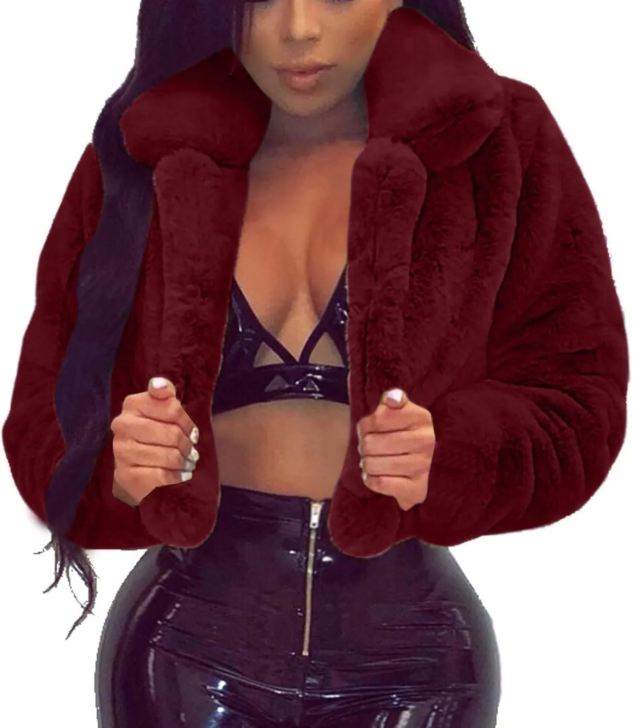 Trendy Winter Coats for Women 2023 Warm Faux Fur Jackets Solid Fleece Turn-Down Collar Outerwear Crop