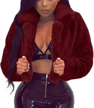 Trendy Winter Coats for Women 2023 Warm Faux Fur Jackets Solid Fleece Turn-Down Collar Outerwear Crop