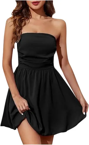 Tube Top Dress for Women Summer Solid Strapless Mini Dresses, Off The Shoudle Ruffle Beach Dress Casual Bubble Beach Sundress