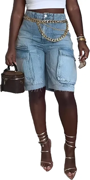 Vakkest Women's High Waisted Denim Cargo Shorts Bermuda Straight Leg Casual Summer Long Jean Shorts with Pockets