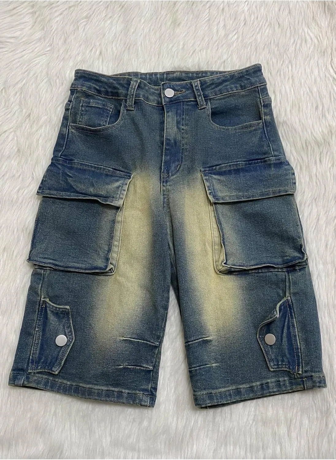 Vakkest Women's High Waisted Denim Cargo Shorts Bermuda Straight Leg Casual Summer Long Jean Shorts with Pockets