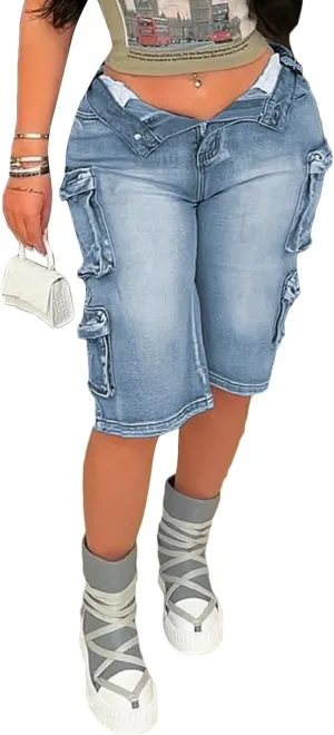 Vakkest Women's High Waisted Denim Cargo Shorts Bermuda Straight Leg Casual Summer Long Jean Shorts with Pockets