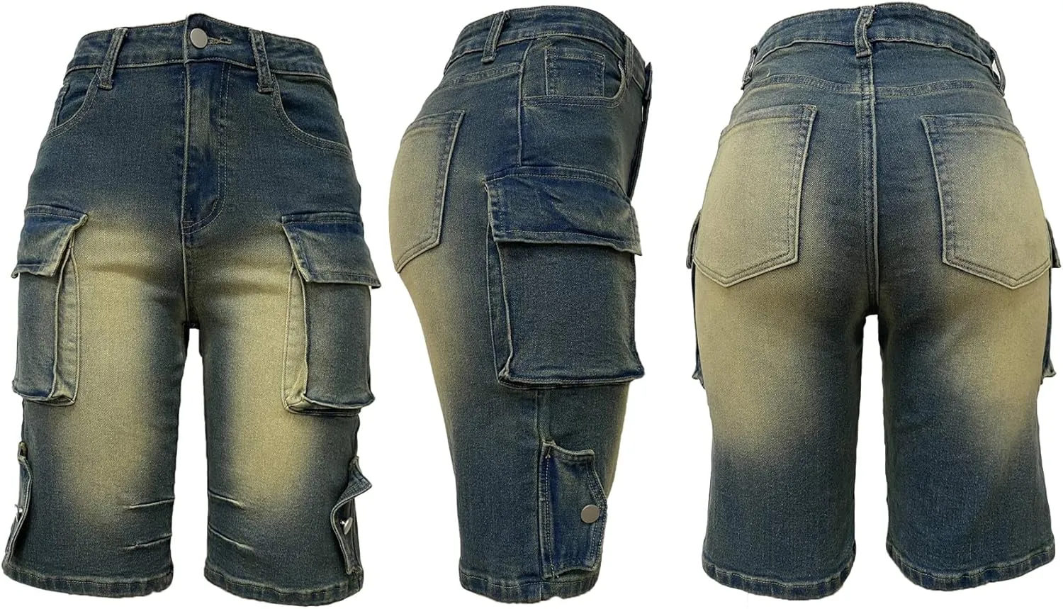 Vakkest Women's High Waisted Denim Cargo Shorts Bermuda Straight Leg Casual Summer Long Jean Shorts with Pockets